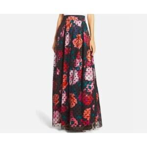 Anthro Eliza J Rose Print Swiss Dot Tulle Ball Skirt Maxi Floral Black Tie Sz 10